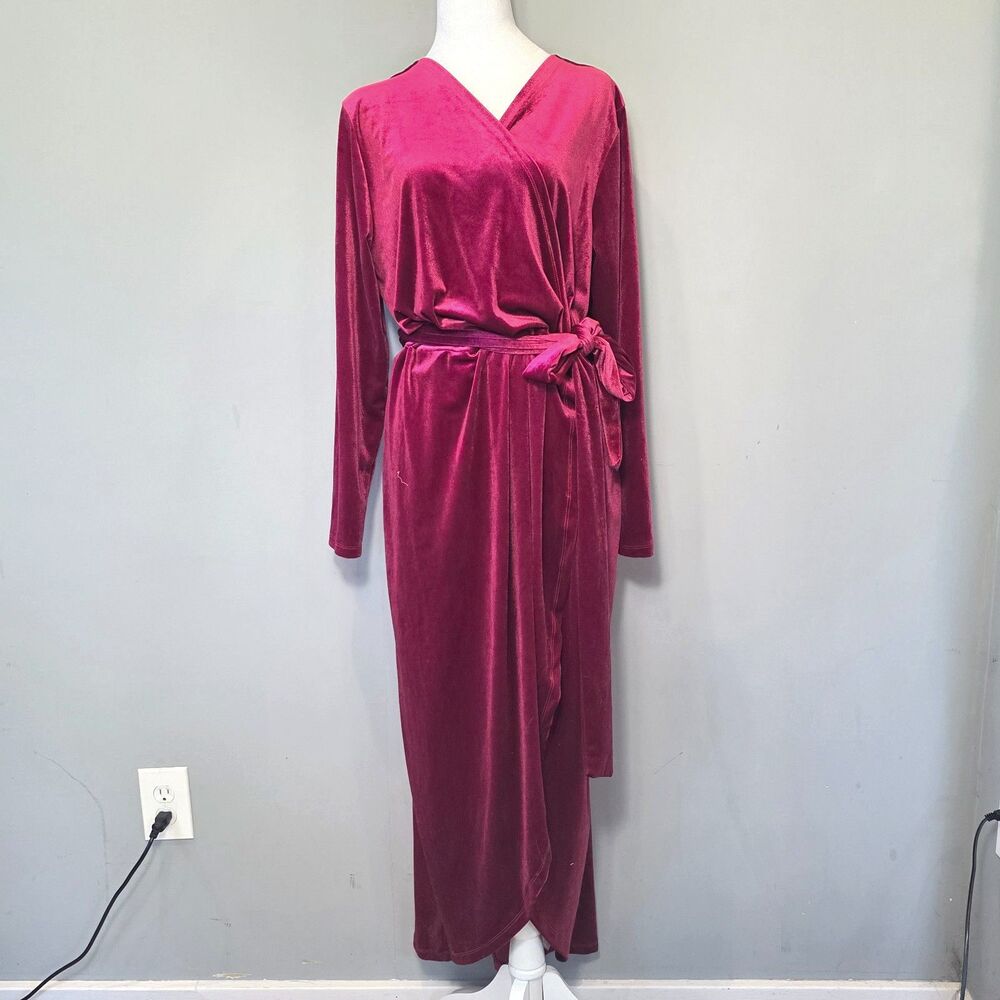 ELOQUII Velvet Wrap Maxi Dress Sz 18 Magenta Berry Long Sleeve Holiday Wedding